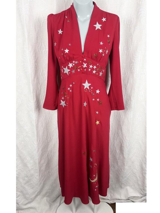 RIXO Dresses & Skirts - RIXO London Margo red embroidered celestial midi dress retro 40s glamour stars M